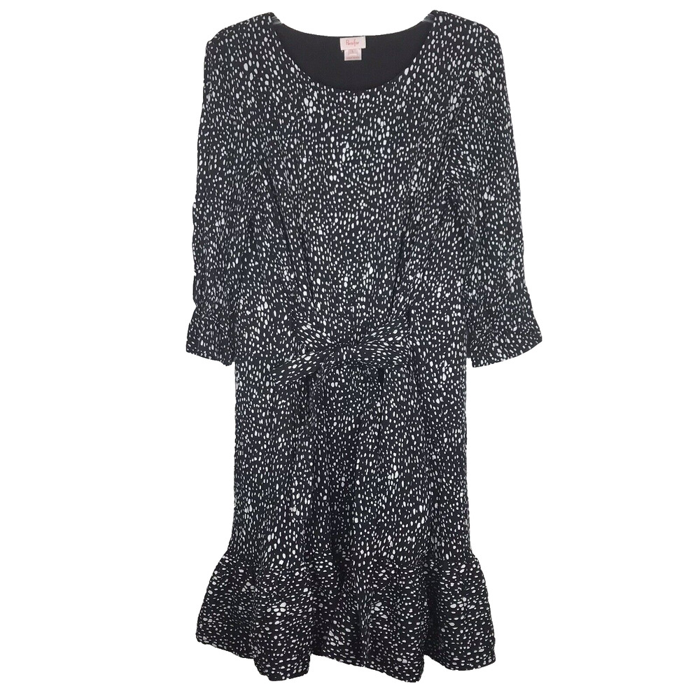 Persifor Dress Black White Polka Dot Adjustable Tie 3/4 Sleeve Ruffle Hem Large
